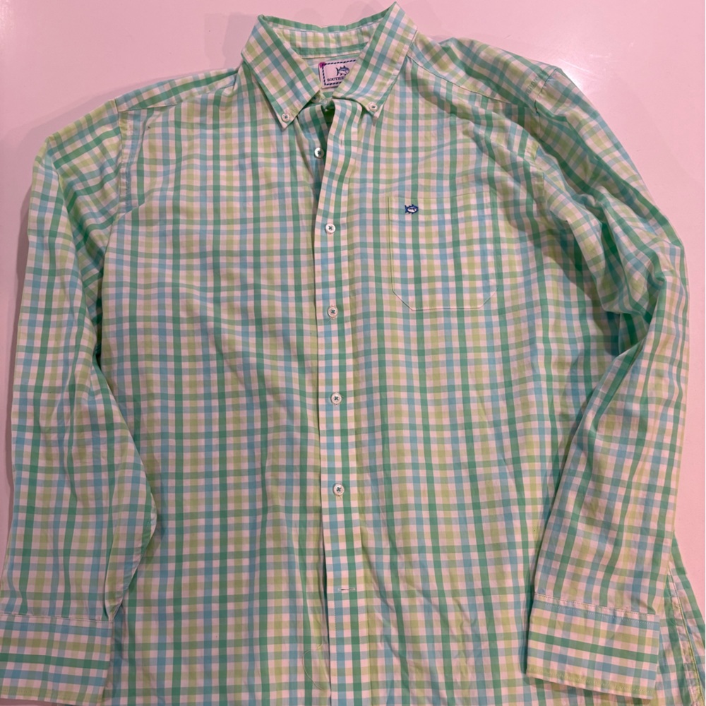 Southern Tide Men's Green and Yellow Plaid Button Down Shirt